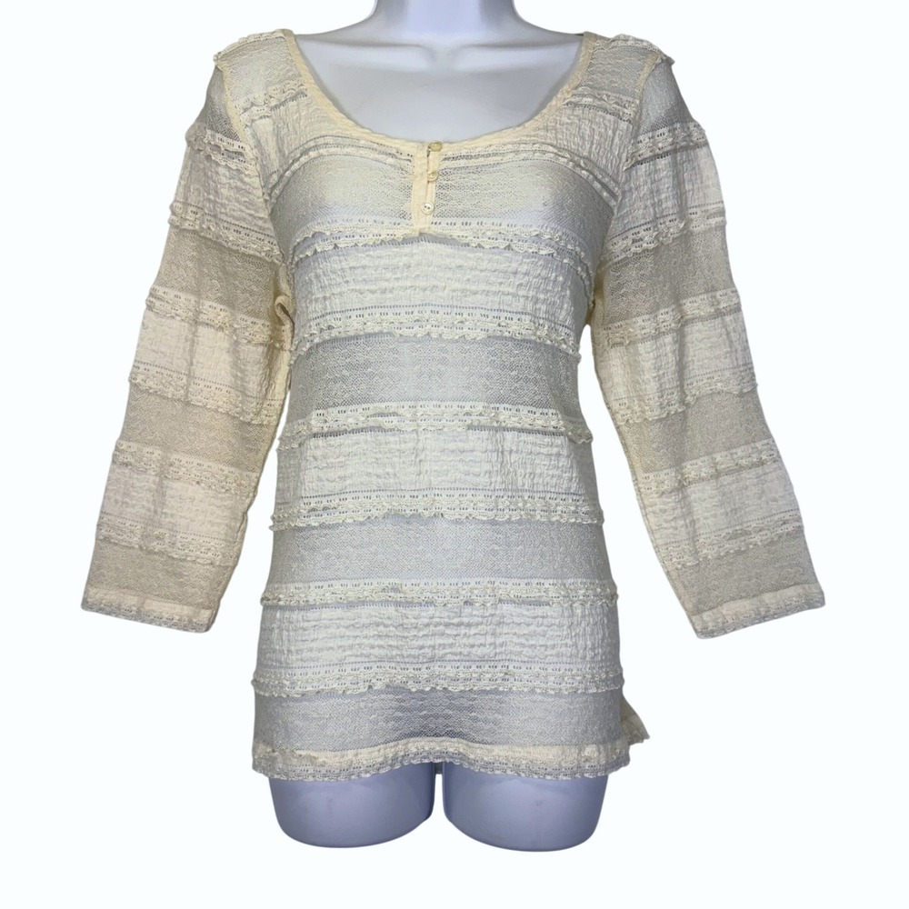 Lauren Ralph Lauren Cream Lace Henley Top 3/4 Sleeve Boho Romantic Feminine Chic